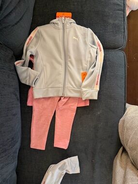 Puma Girls Light Gray Zip Hoodie with Pink Leggings Set